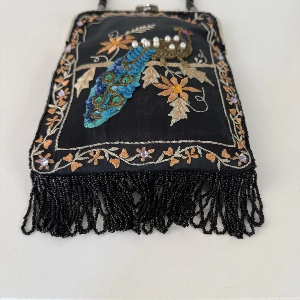 Vintage Lily Scott Peacock Black Evening Bag W/ Sequin Beads & Embroidery